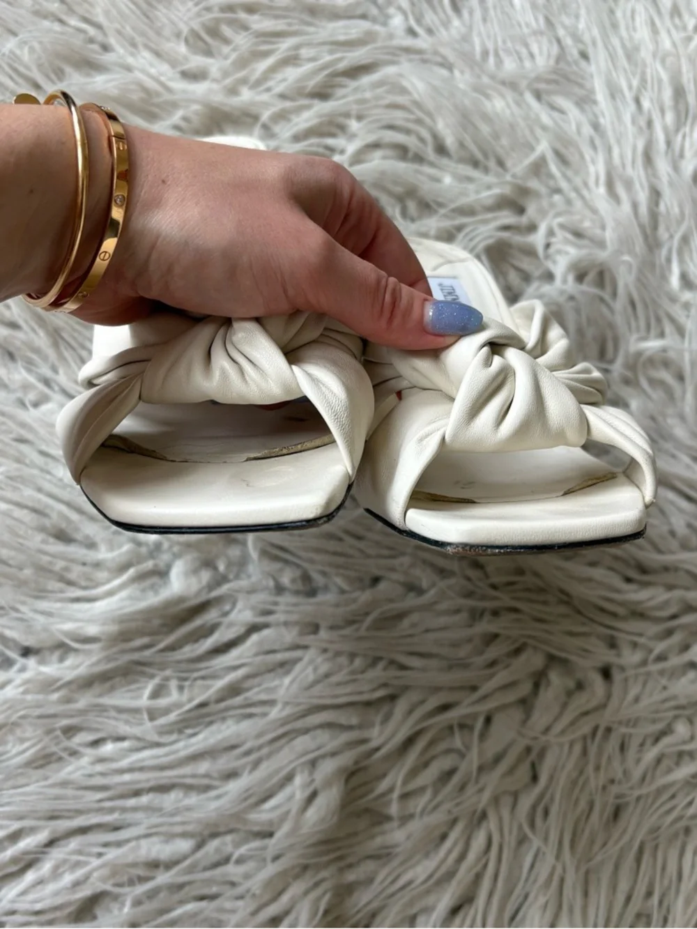 JIMMY CHOO Avenue 85mm Block Heel Latte Ivory Leather Twist Knot Front Mule 40.5